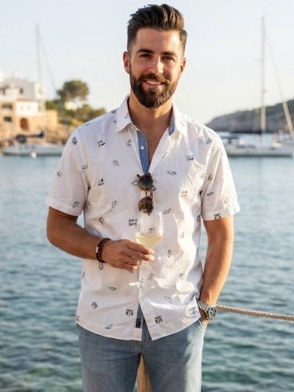 Abito White Nautical Print Button-Up Shirt - Size Large Boats Coastal Cotton